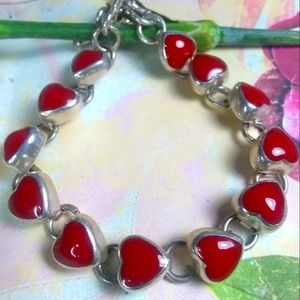 ❤️ .925 Silver Mexican Red Enamel Heart Love Link Bracelet
